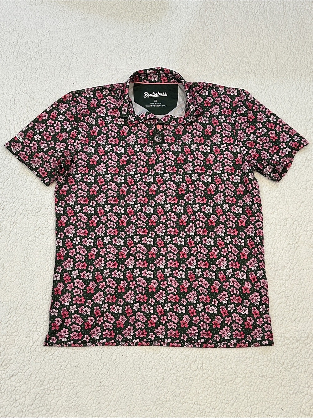 Birdieboss Azaleas Men's Golf Polo Shirt size XL Floral Print Green Pink